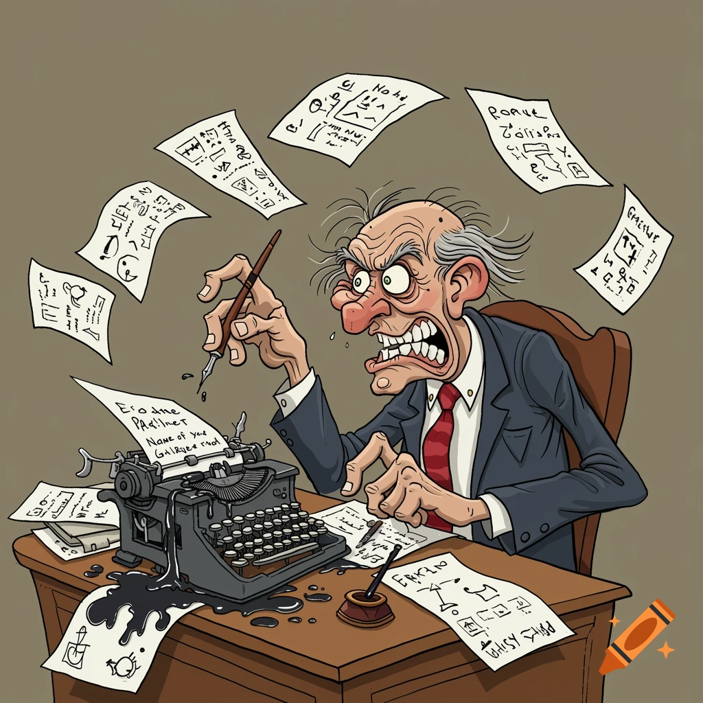 A grotesque cartoon of an angry, disheveled old writer at a desk with a spilling typewriter, surrounded by flying papers.