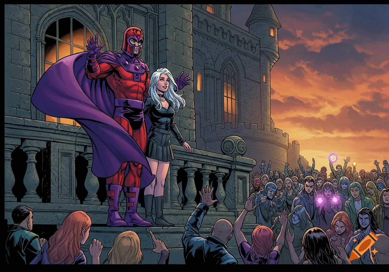 Magneto and a white-haired woman on a castle balcony wave at a crowd of mutants in a colorful comic book illustration.
