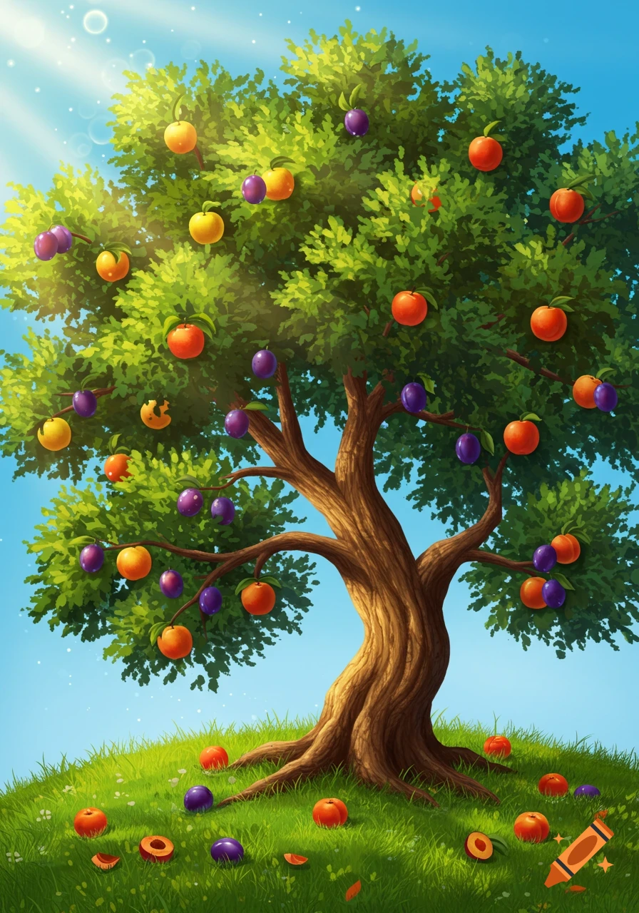 A vibrant, stylized fruit tree with orange, red, yellow, and purple fruits on a green hill under a blue sky, some fruits fallen.