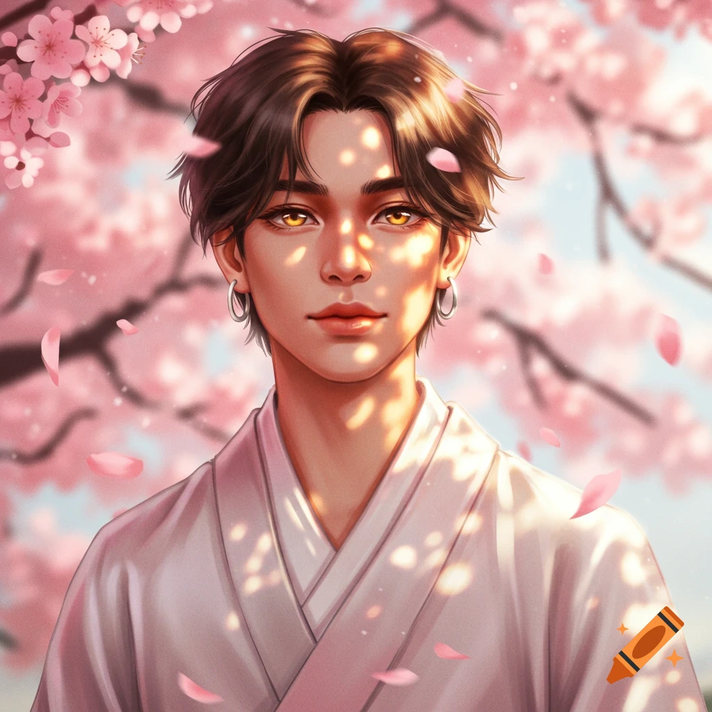 Illustrative portrait of a person with brown hair and golden eyes, surrounded by pink cherry blossoms.