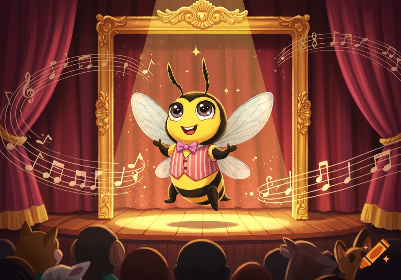 A happy cartoon bee in a pink bow tie and striped vest stands on a spotlighted stage with red curtains and musical notes floating around, performing for an audience.