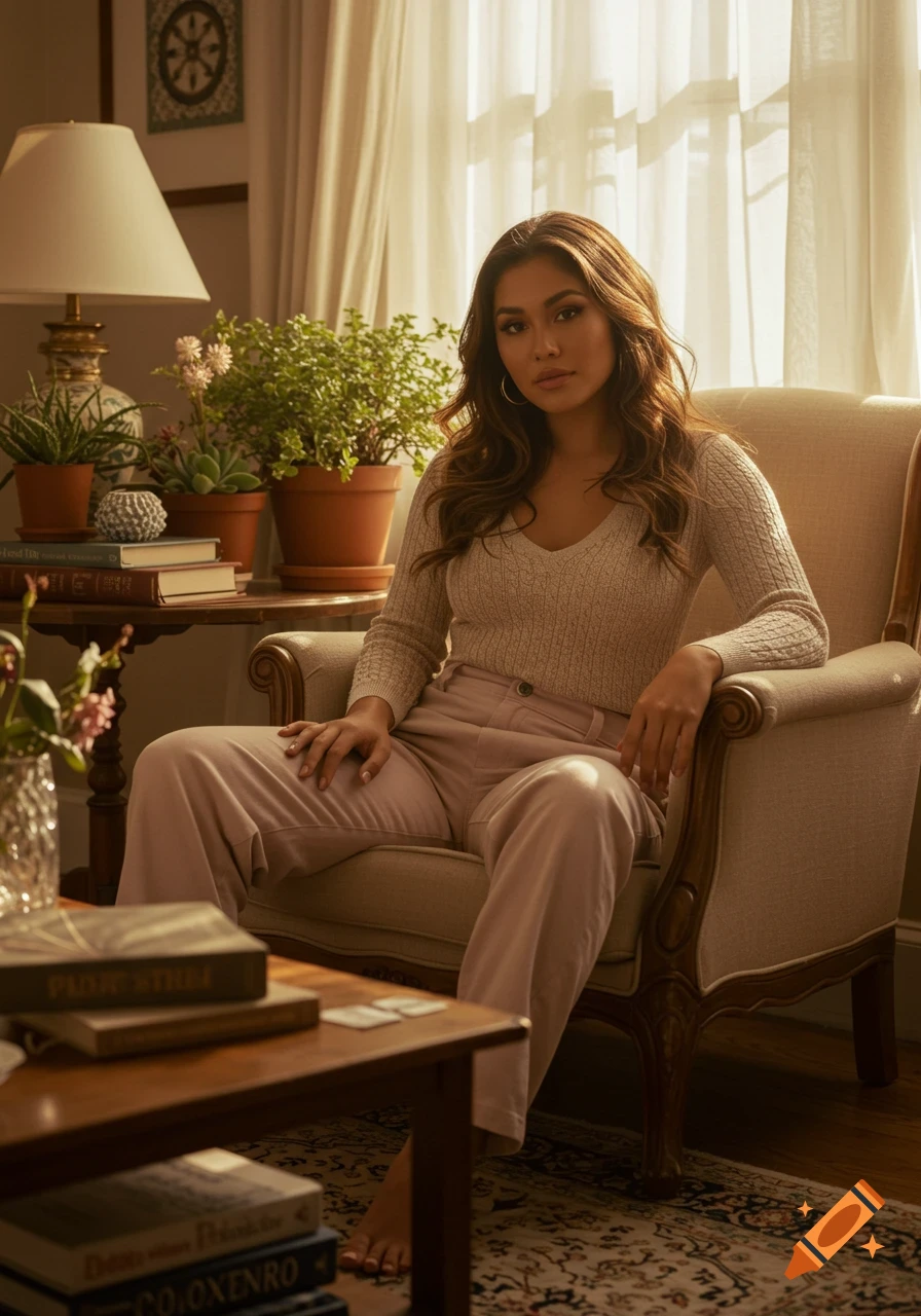 A Latina woman with long wavy hair sits comfortably in an armchair in a sunlit room, surrounded by potted plants and books.