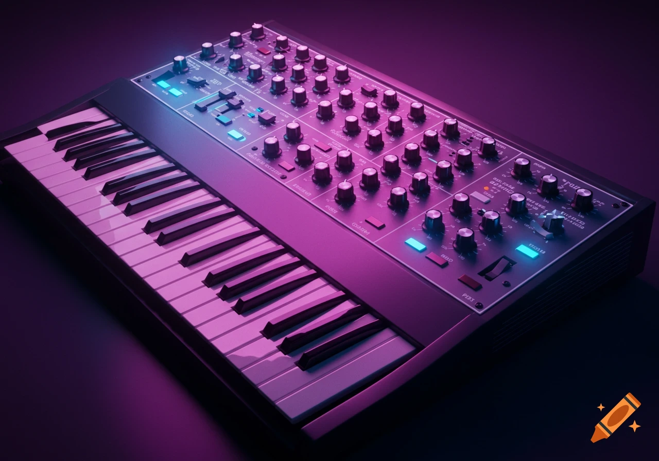 A futuristic synthesizer keyboard with numerous knobs and dials, illuminated by vibrant pink, blue, and purple neon lights.