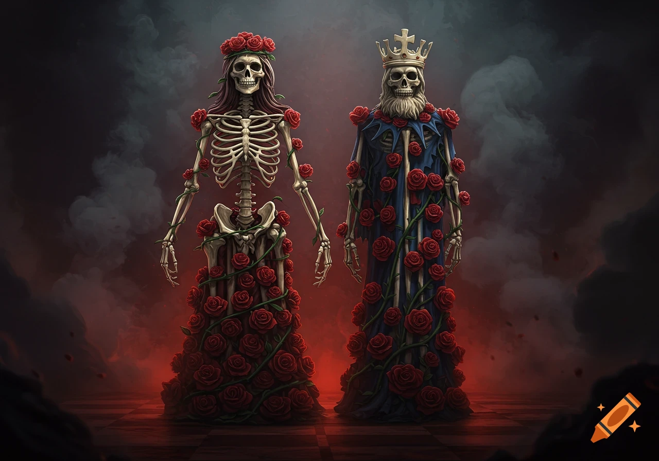 Skeletal queen and king, adorned with red roses, in a Grateful Dead-inspired gothic illustration.