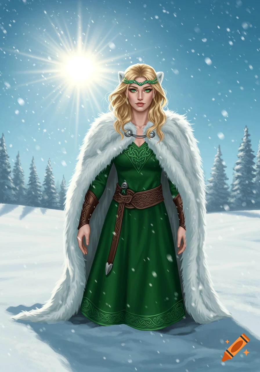 An illustration of a blonde woman with green eyes and pointed ears, wearing a green dress and white fur cloak, standing in a snowy winter landscape with a bright sun.