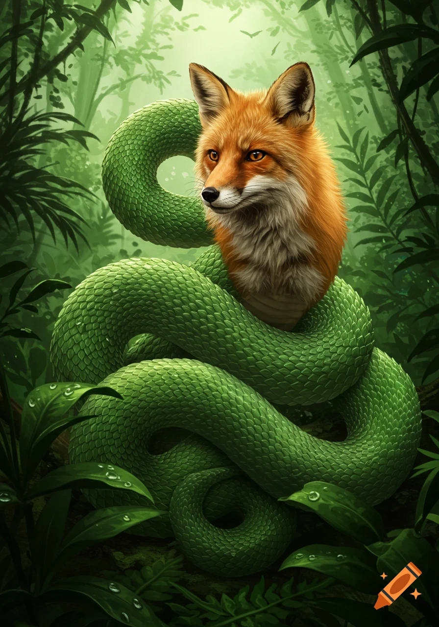 A red fox head emerges from a green coiled snake body in a lush jungle.