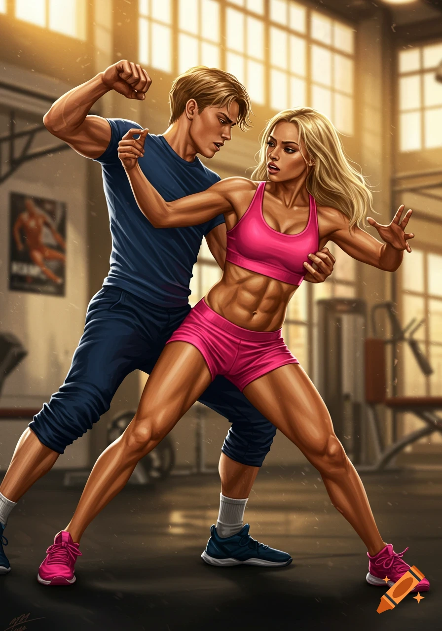 A fit blonde woman with abs in a pink sports bra and shorts wrestles a man in a blue shirt in a gym.
