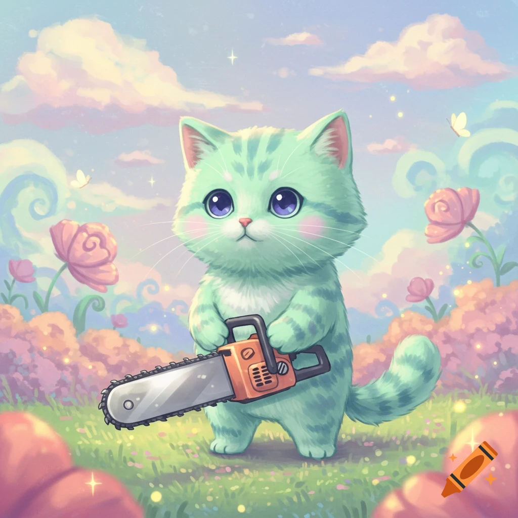 A cute, mint green cartoon cat with large purple eyes stands holding a chainsaw in a pastel fantasy landscape.