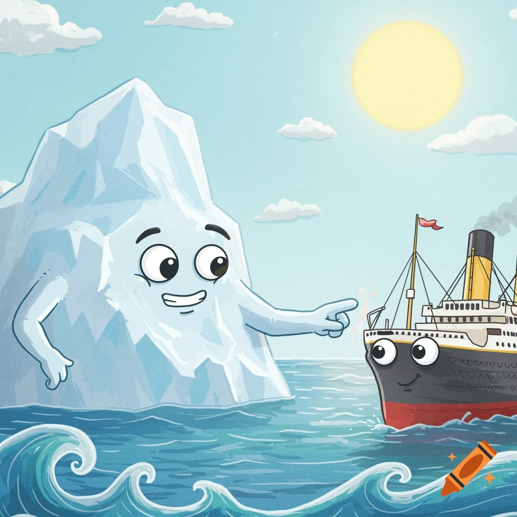 A funny cartoon image of an iceberg with an arm pointing at the Titanic in the ocean under a sunny sky.