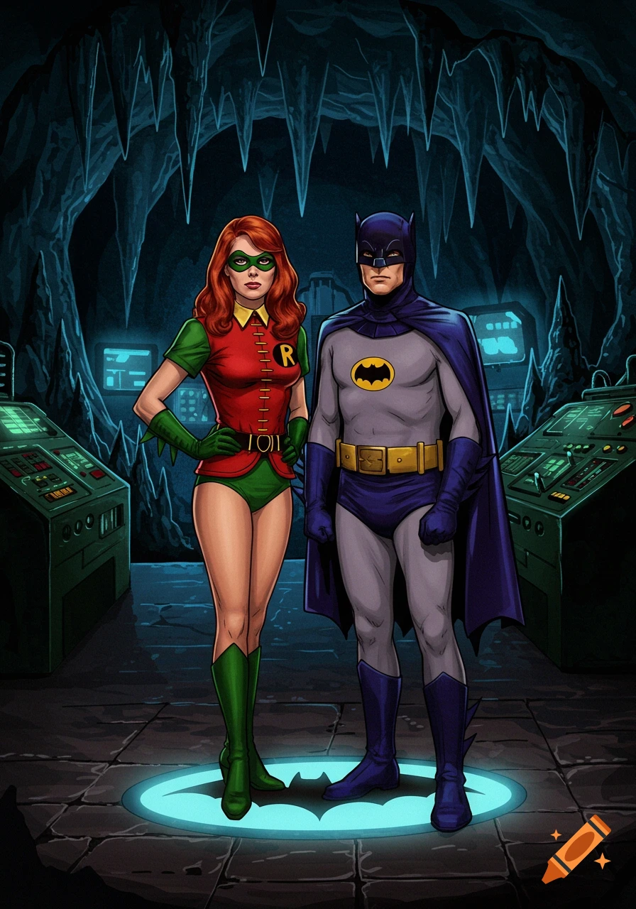 Batman and a female Robin in a green mask and red uniform stand in the Batcave, which has glowing computer screens and stalactites.