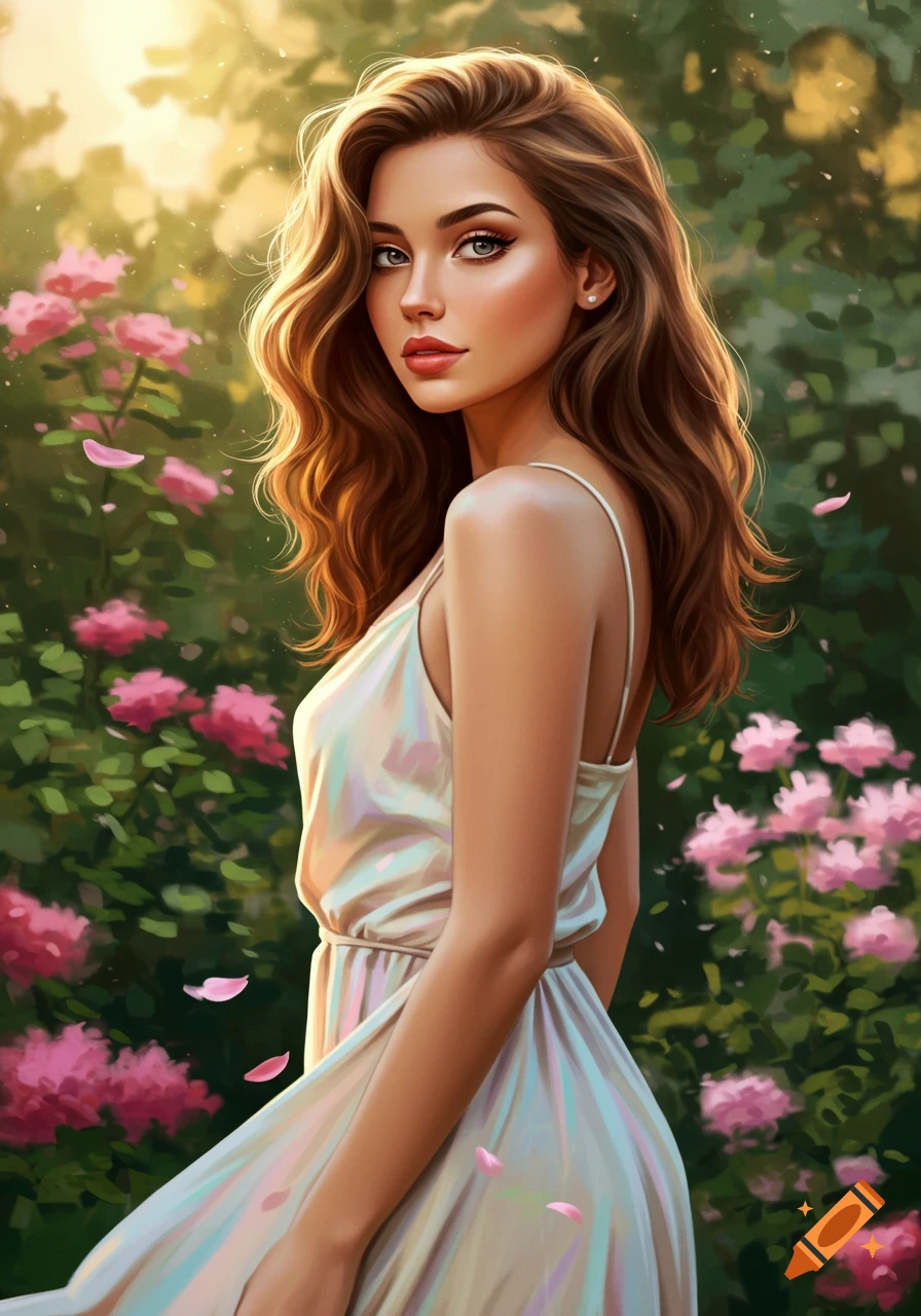 Beautiful woman with long brown hair in a light dress, looking over her shoulder in a sunny rose garden. Painterly style.