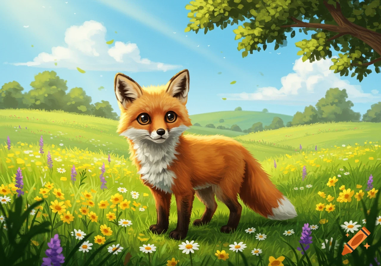 A cute cartoon fox with large eyes stands in a vibrant green field filled with yellow and purple wildflowers under a bright blue sky.