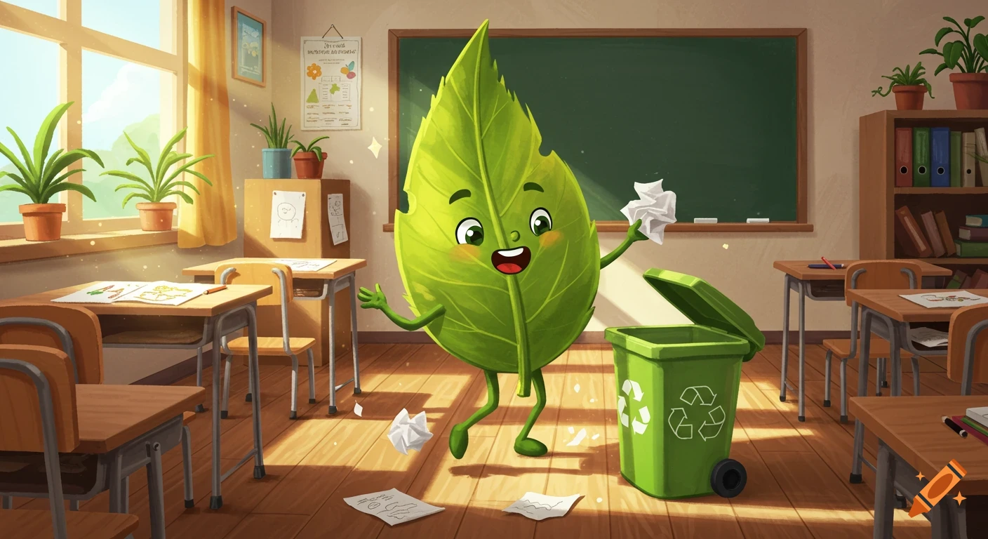 A happy, green leaf character throws crumpled paper into a recycling bin in a sunny classroom, in a cartoon illustration style.