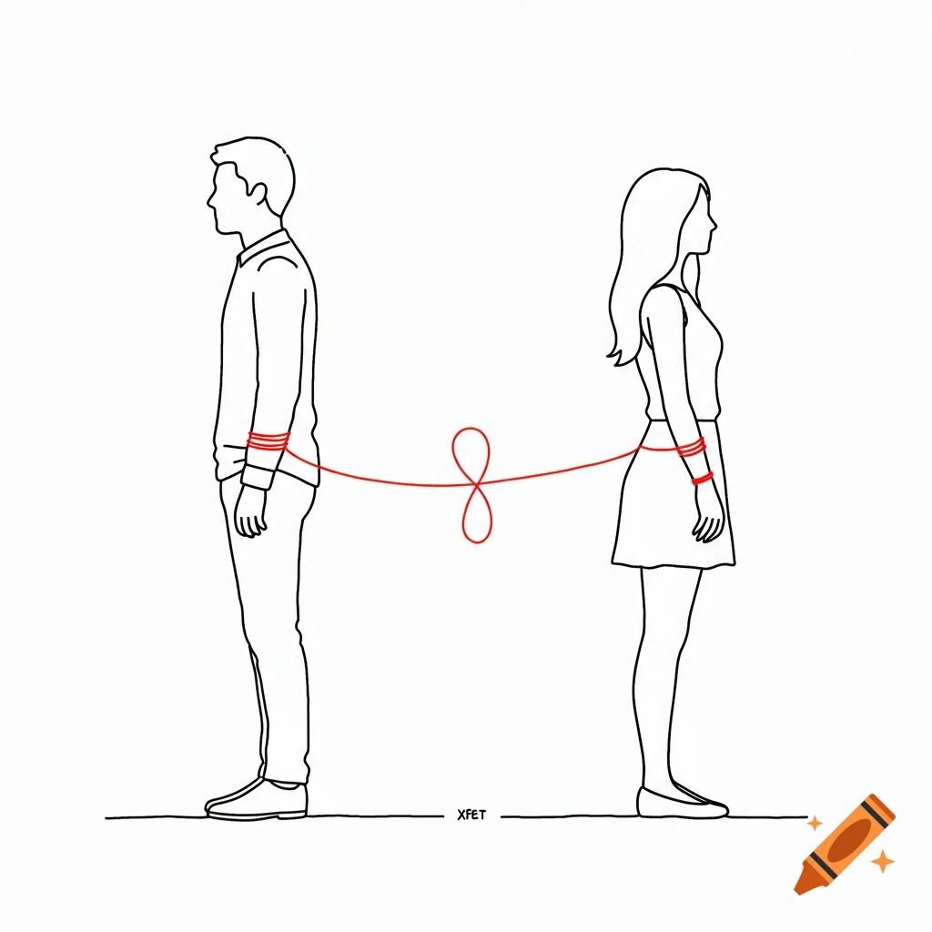 Simple line drawing of a man and woman standing apart, connected by a red string on their wrists forming an infinity symbol.