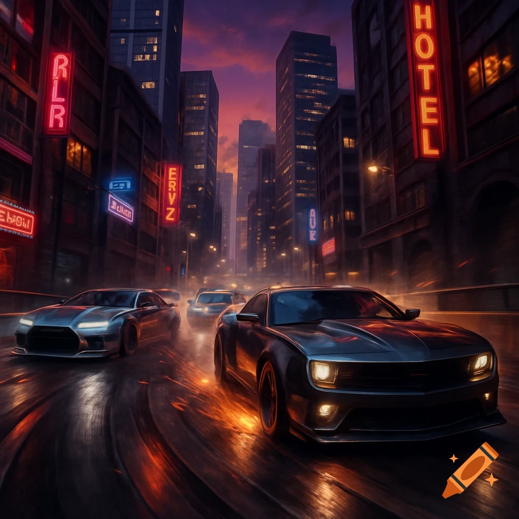 Two sports cars race down a wet, neon-lit city street at dusk, with skyscrapers in the background.