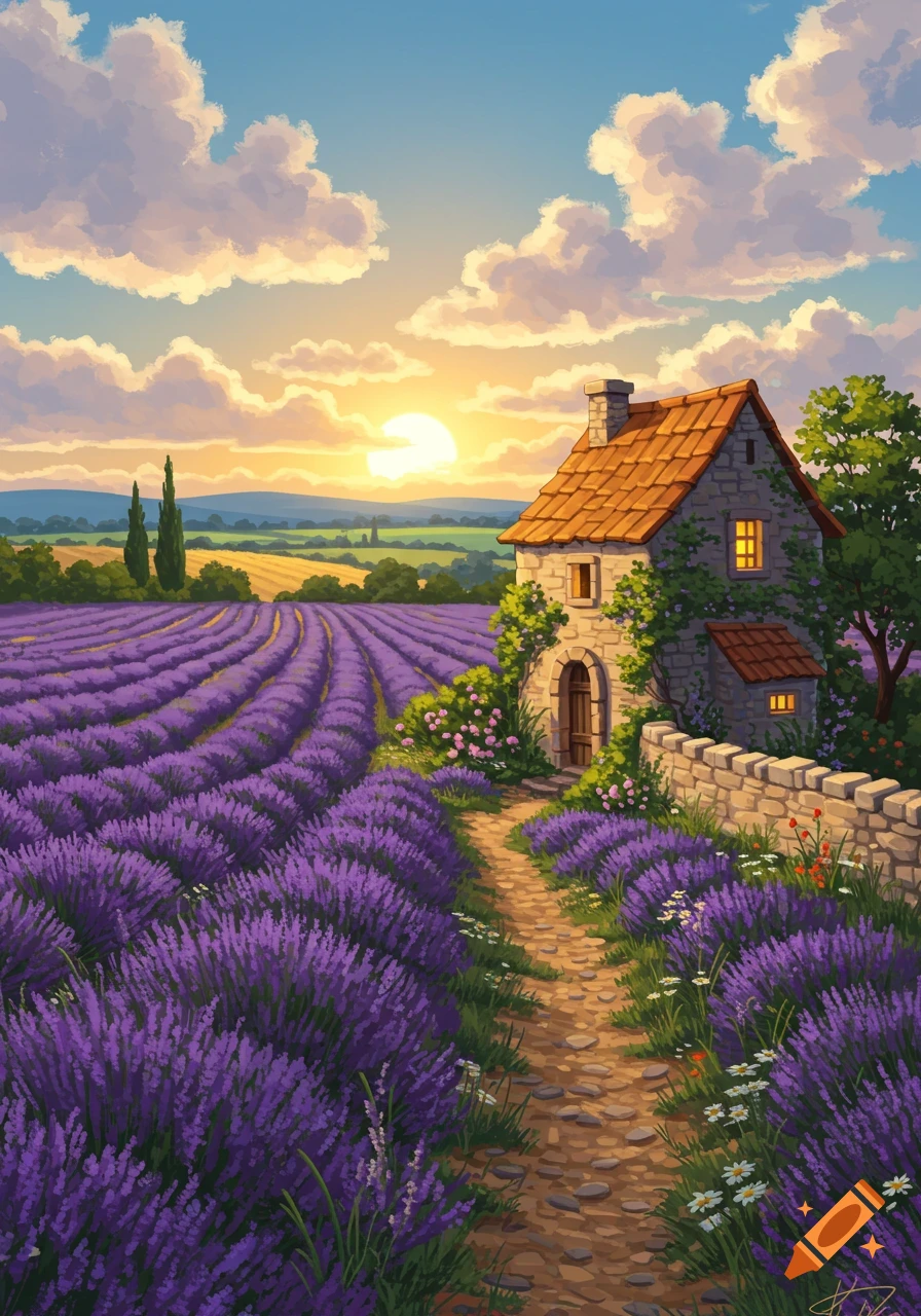 Stylized illustration of a stone cottage nestled in a vast purple lavender field at sunset, with a winding path.