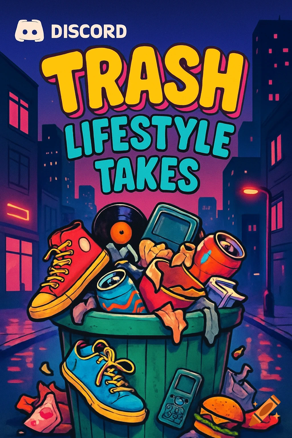 Cartoon event banner for 'Trash Lifestyle Takes' with a Discord logo, featuring an overflowing trash can against a city skyline.