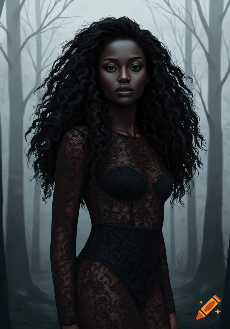 A dark-skinned woman with long, curly black hair wears a sheer black lace dress in a foggy forest.