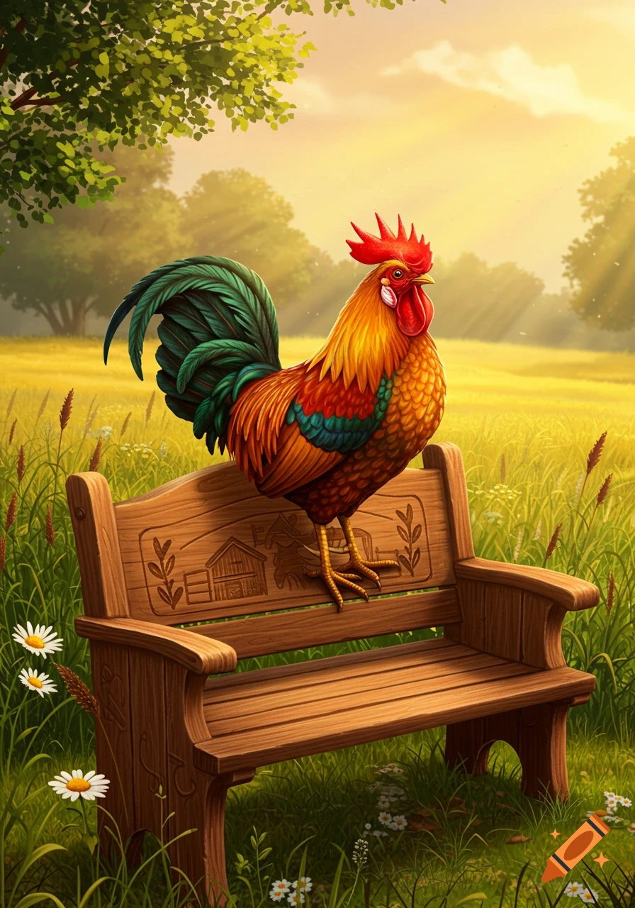 A colorful rooster stands on a rustic wooden bench in a sunny, green field with tall grass and trees, in an illustrative style.