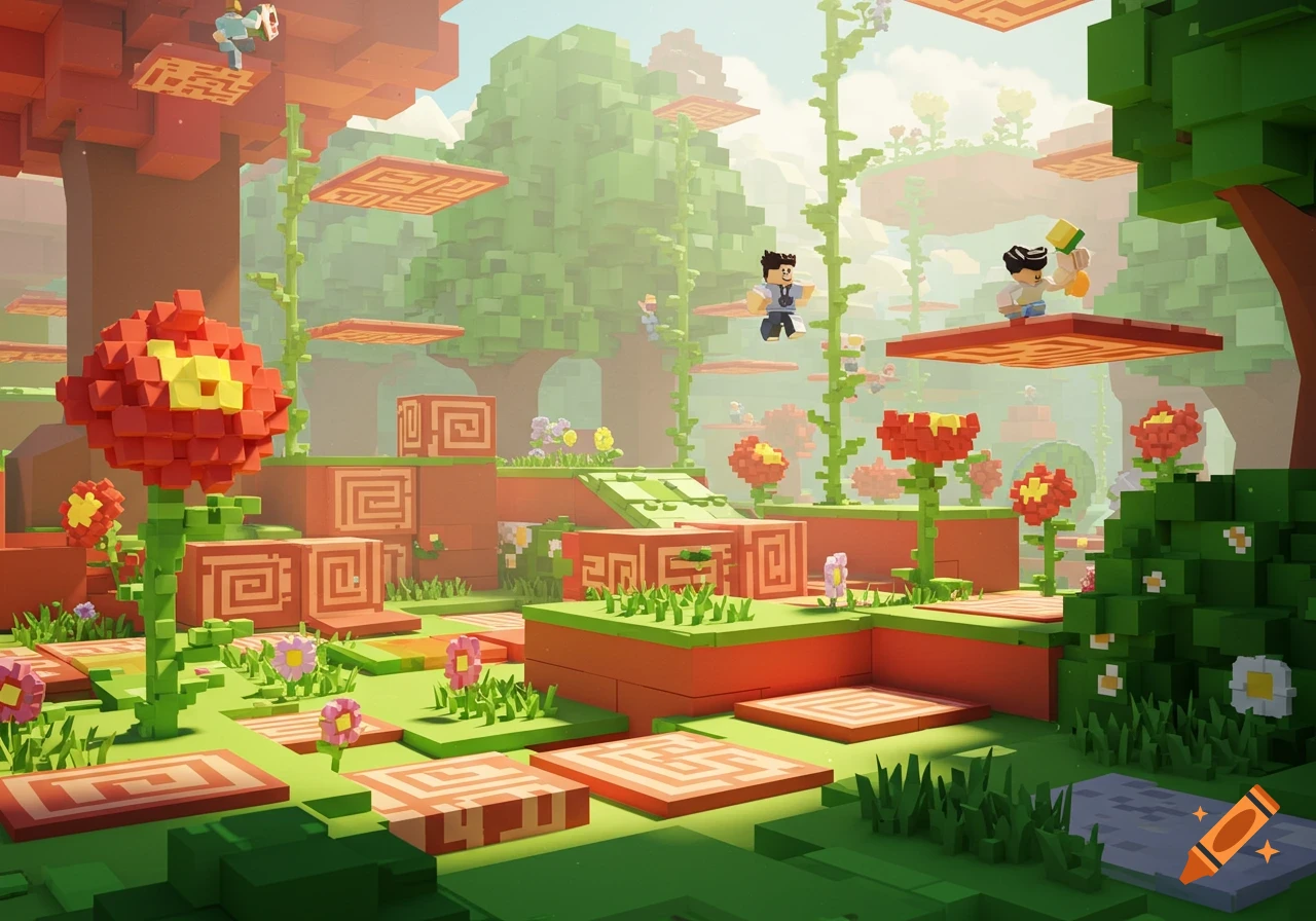 A colorful, blocky landscape with characters jumping and navigating platforms in a vibrant garden, reminiscent of a Roblox or Minecraft game.