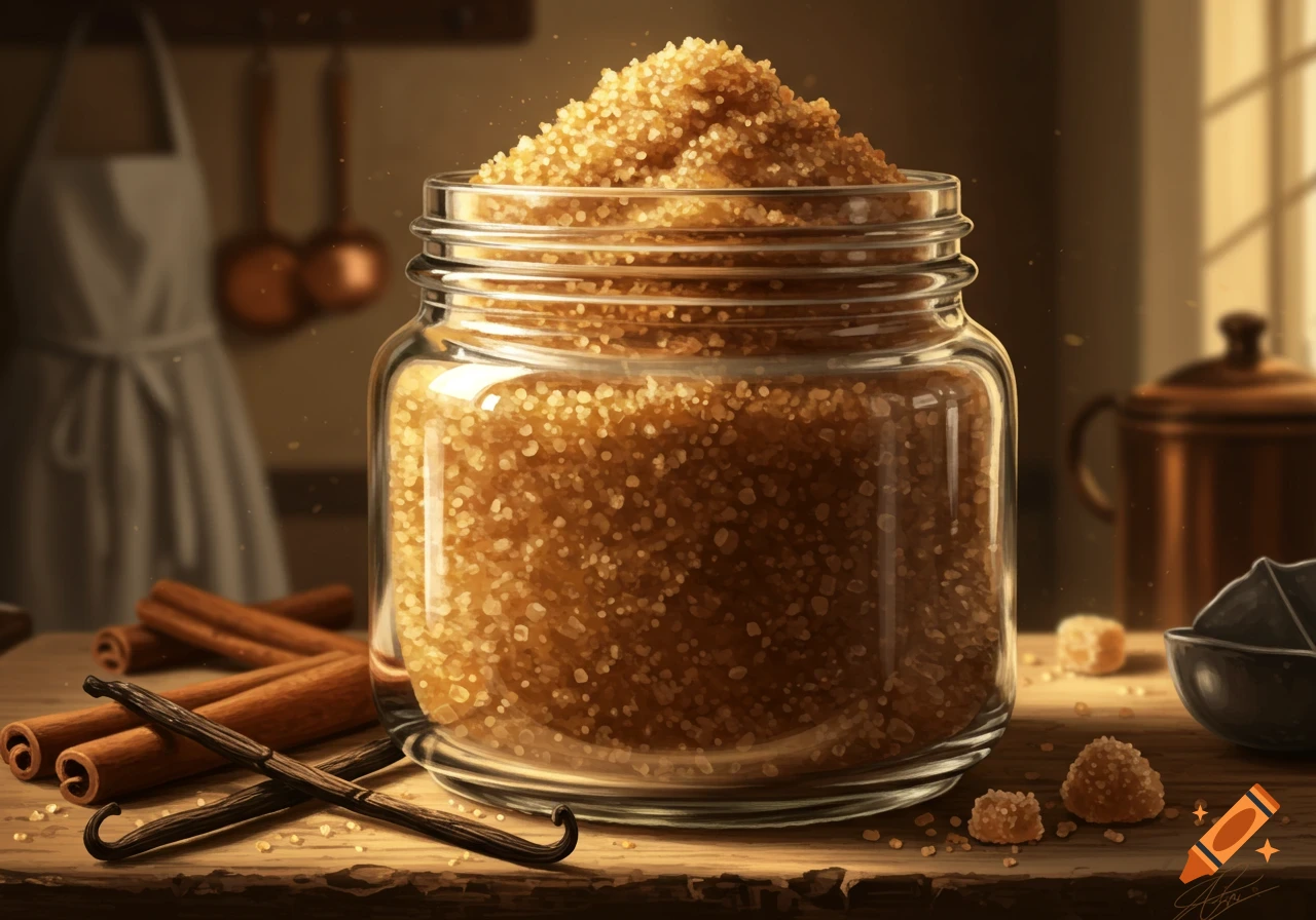 A glass jar filled with brown sugar, surrounded by cinnamon sticks and vanilla beans on a wooden surface in a kitchen.