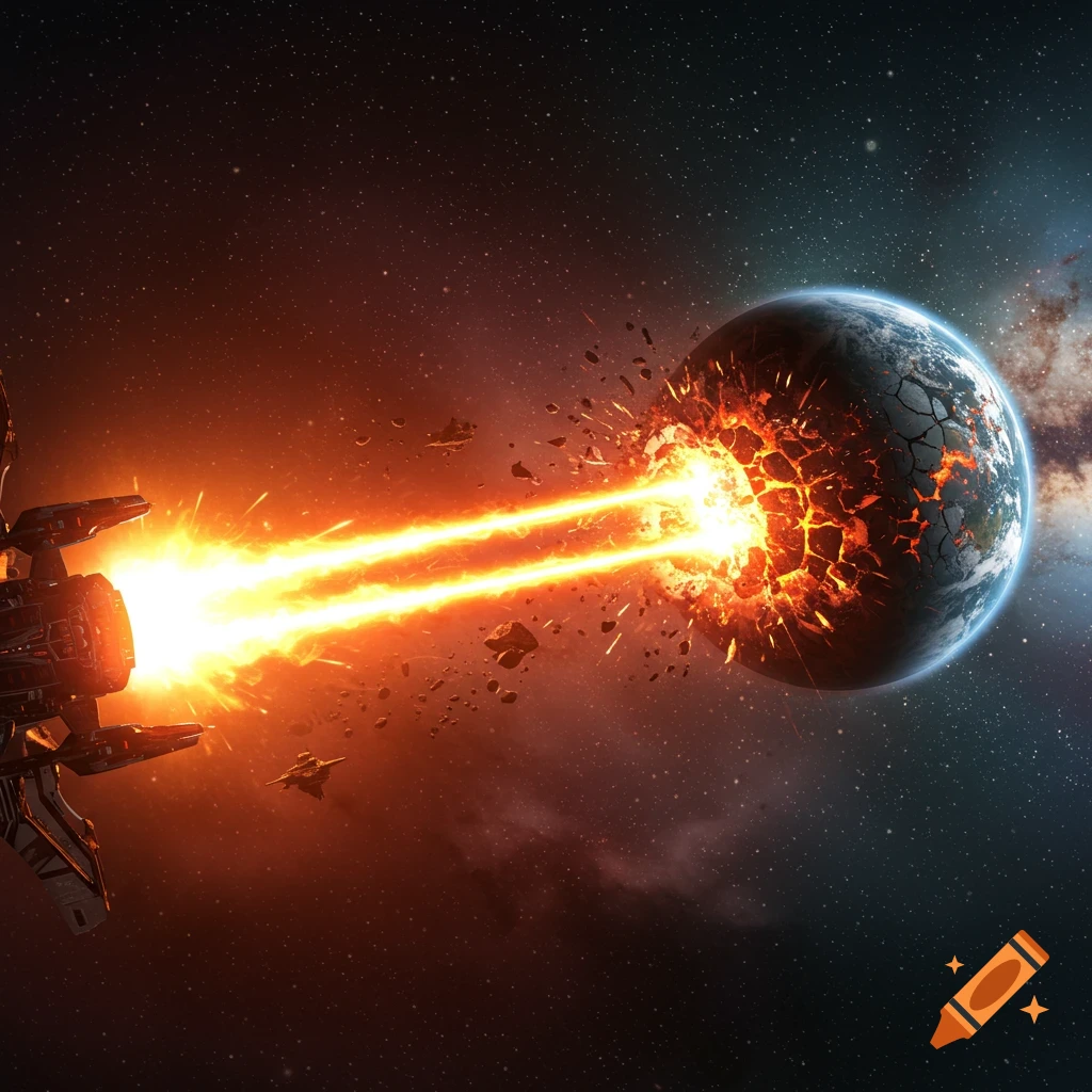 A large spaceship fires dual laser beams, destroying a planet that explodes into fiery debris in space.