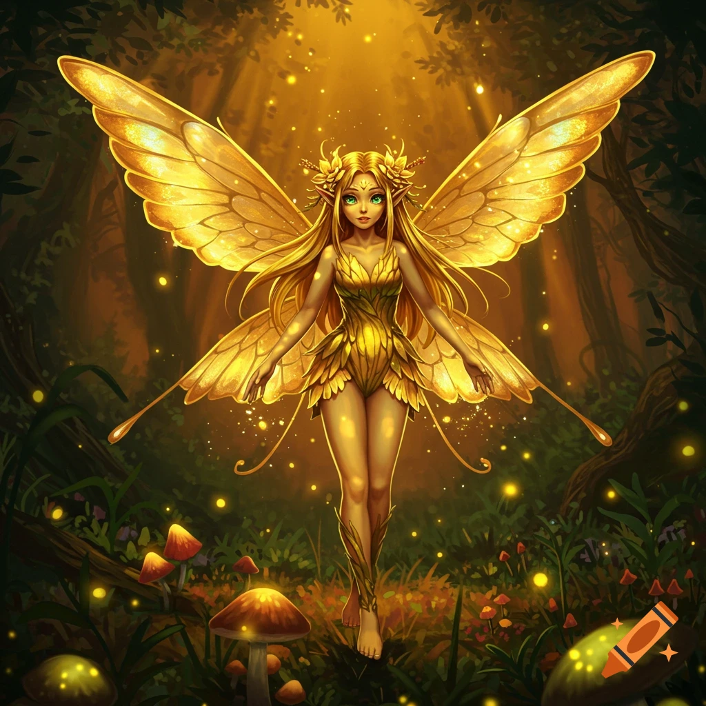 An anime-style golden fairy with large, sparkling wings stands in a sunlit, mystical forest with glowing mushrooms.