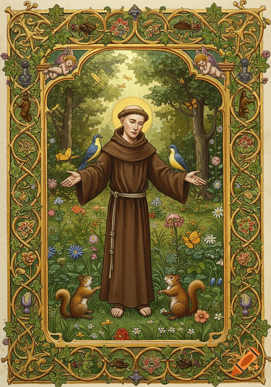 Saint Francis stands in a lush garden with birds and squirrels, surrounded by an ornate gilded illuminated manuscript border.