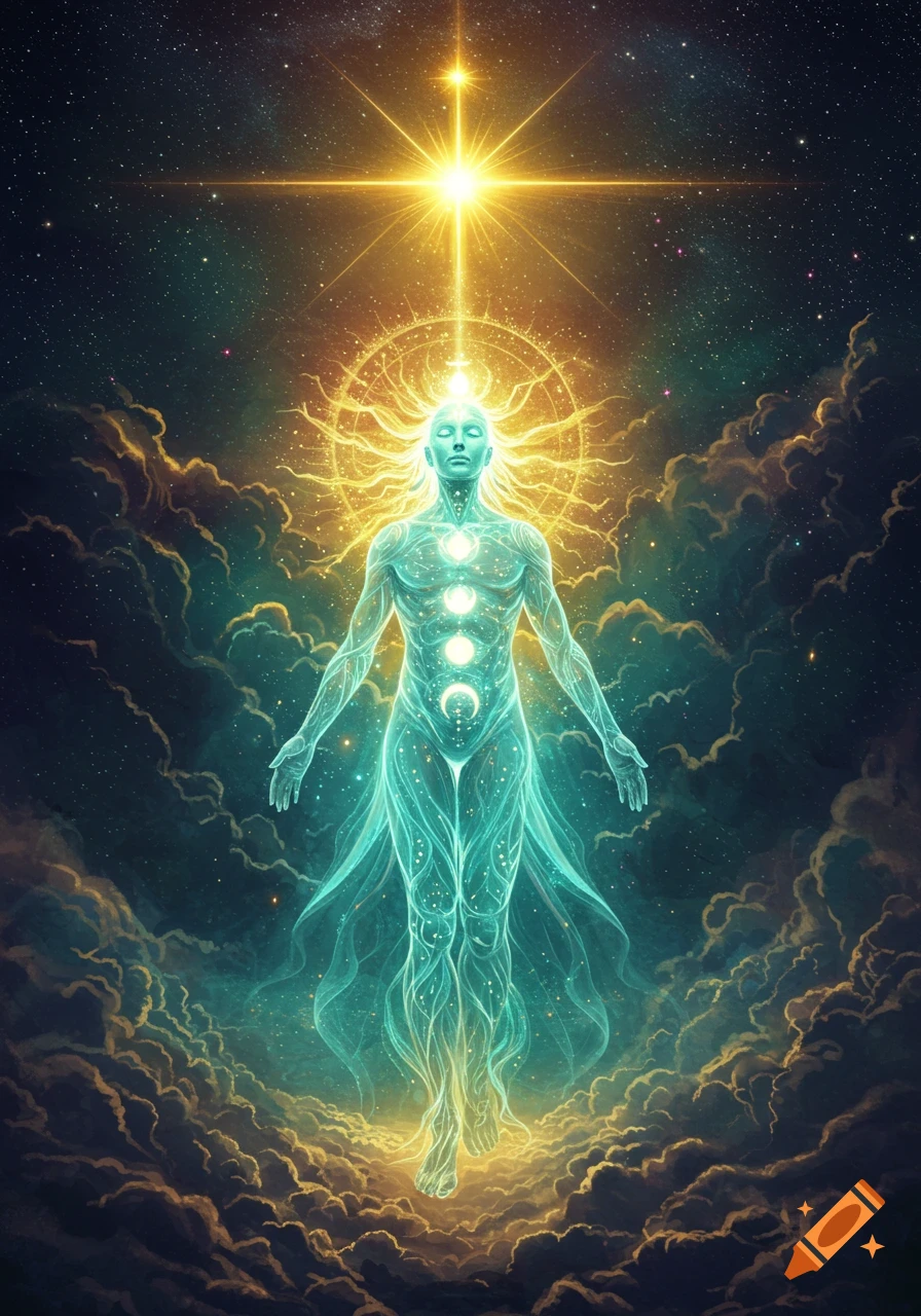 An ethereal glowing figure with chakra lights stands in a cosmic cloudscape under a bright star.