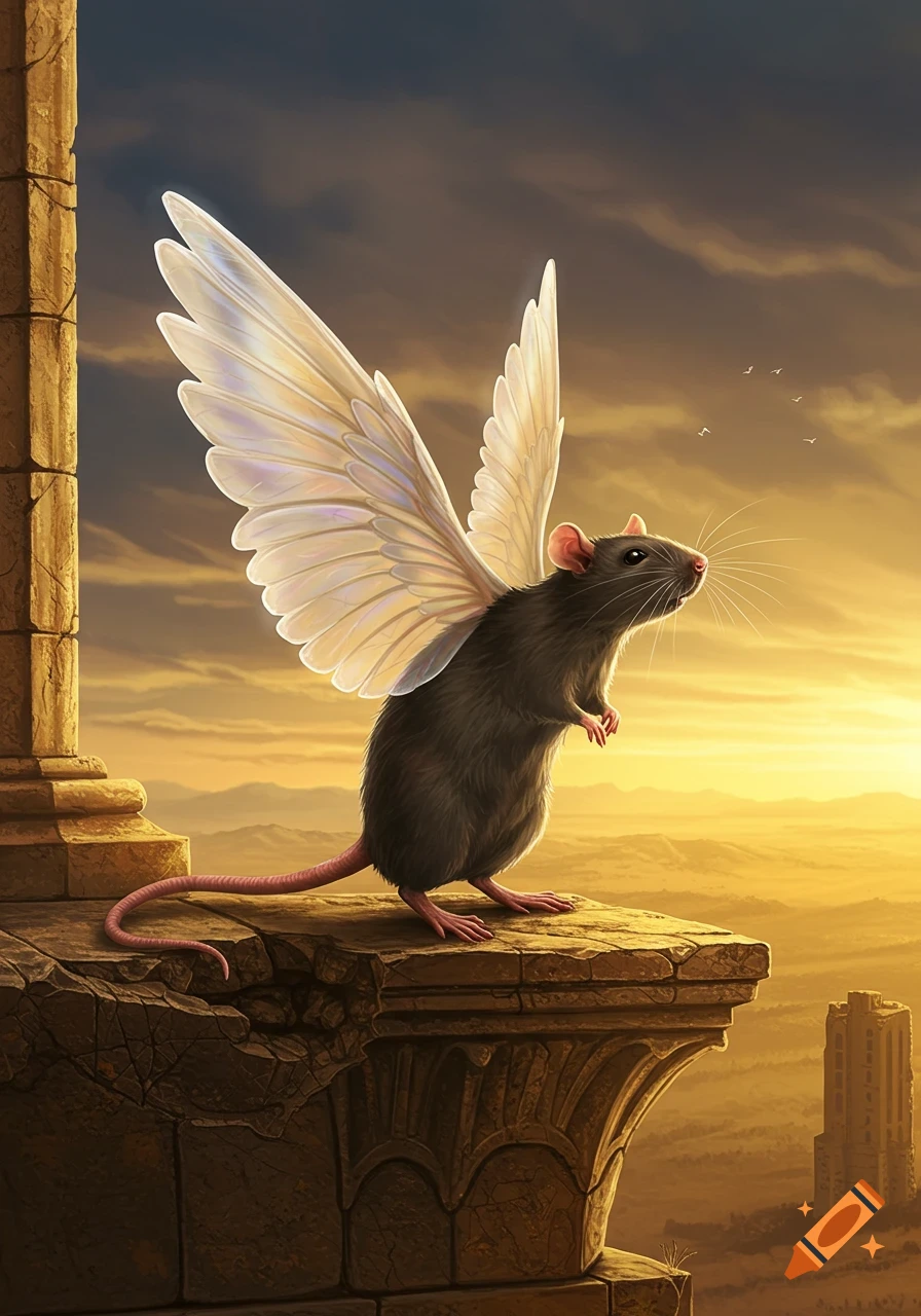 A detailed illustration of a winged rat standing on an ancient stone pillar overlooking a vast desert landscape at sunset.