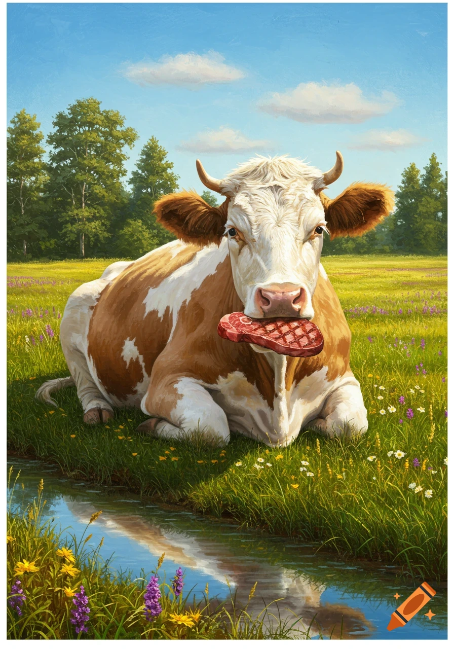 A brown and white cow lies in a grassy field with a stream, holding a grilled steak in its mouth, in a painted style.