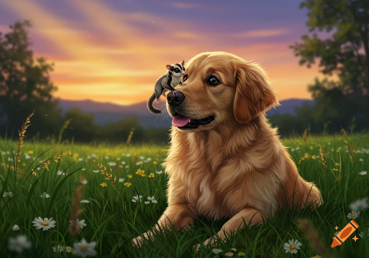 A golden retriever dog with a sugar glider on its nose in a field of wildflowers at sunset, digital art.