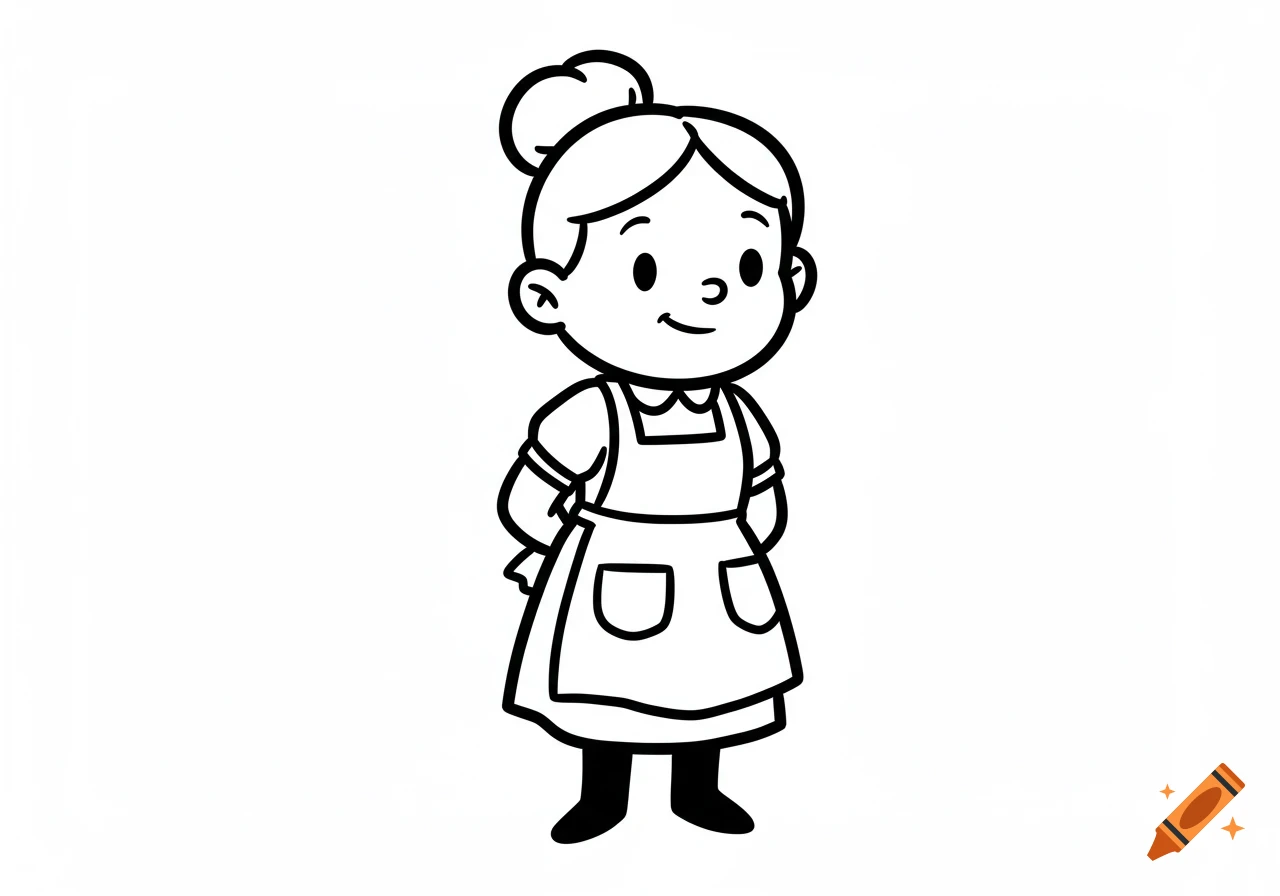 A simple black outline cartoon drawing of a smiling woman with a bun hairstyle, wearing an apron, with her hands behind her back.