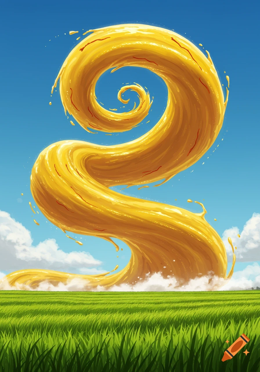 A giant, golden-yellow spiral resembling mustard swirls upwards from a green field into a bright blue sky.