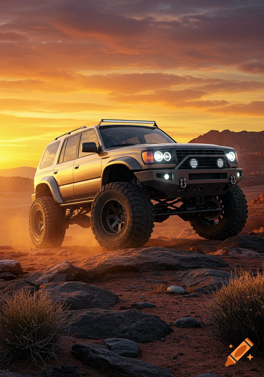 A lifted off-road SUV drives over rocks in a desert landscape at sunset.