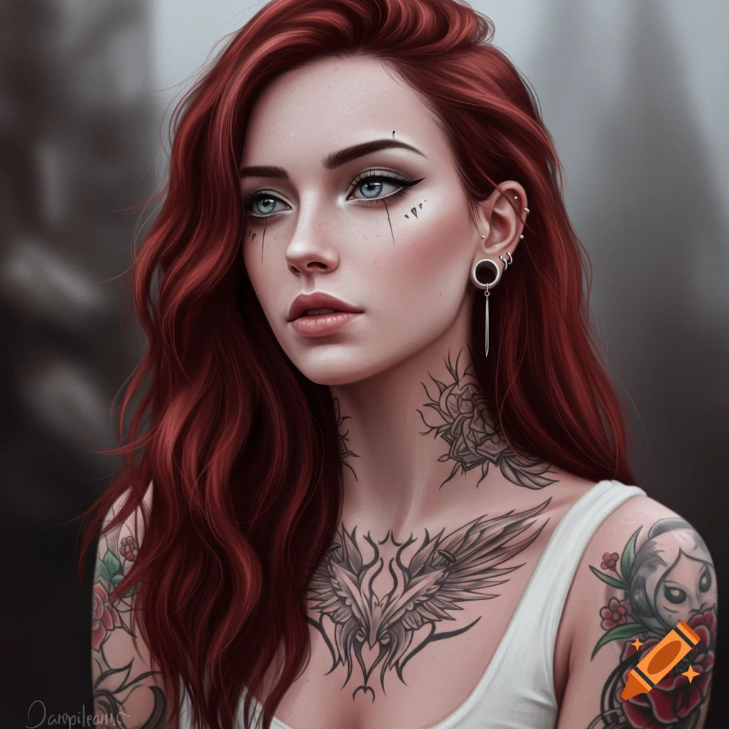 A close-up digital art portrait of a beautiful young woman with long red hair, pale skin, and blue eyes. She has extensive tattoos on her neck, chest, and arms, and wears smoky eyeliner and silver ear piercings.
