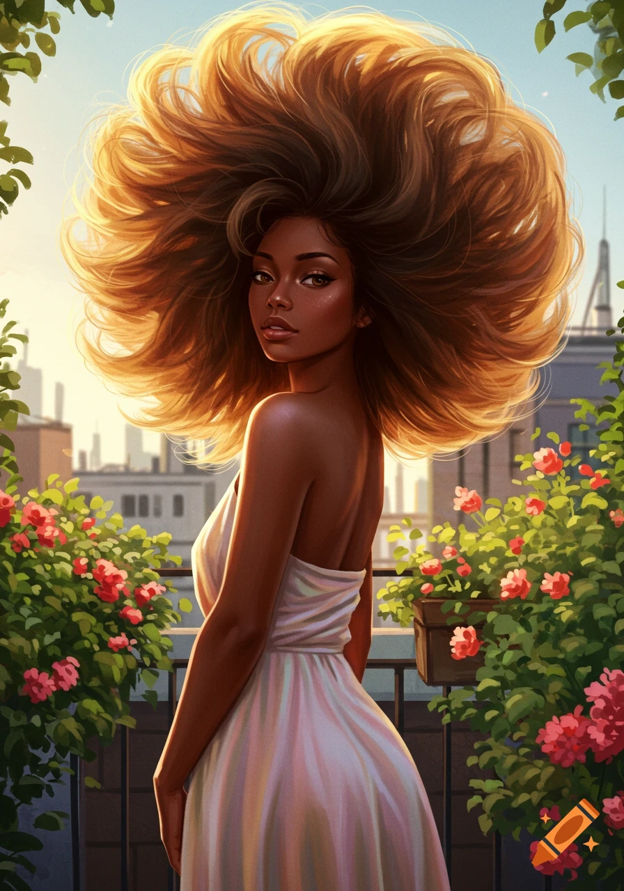 A woman with very large, voluminous hair in a white dress on a balcony with flowers and a city skyline in the background, illustrated style.