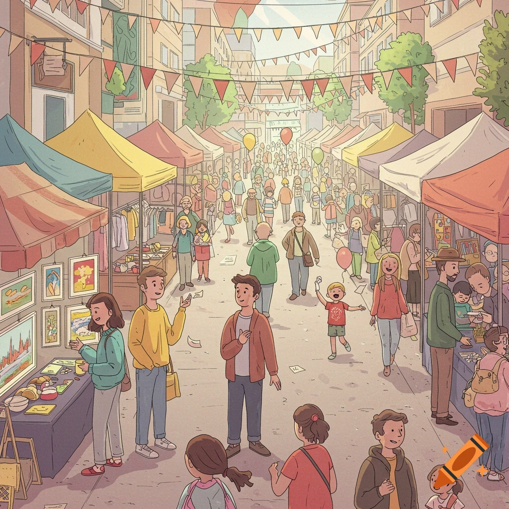 A bustling cartoon illustration of a lively outdoor market street filled with many people shopping and interacting.