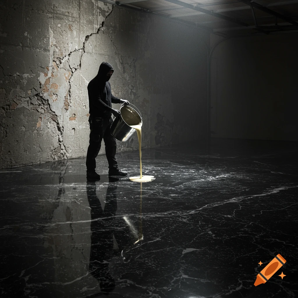 A person in a black hoodie pours liquid onto a sleek, reflective black floor in a dilapidated, dramatically lit room.
