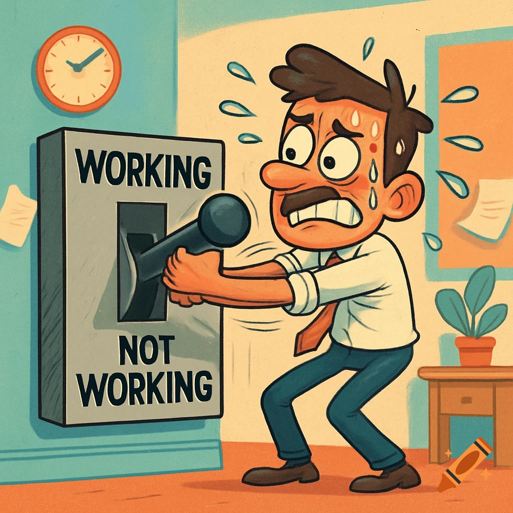 A cartoon man sweats while struggling to push a large switch to 'WORKING', with 'NOT WORKING' visible below.