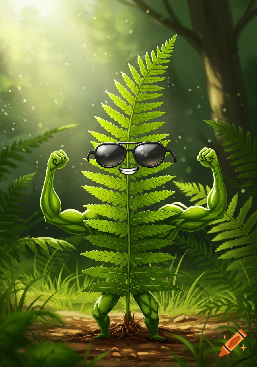 A cartoon fern character with sunglasses, muscular arms and legs, and a smile, flexing in a sunny forest.