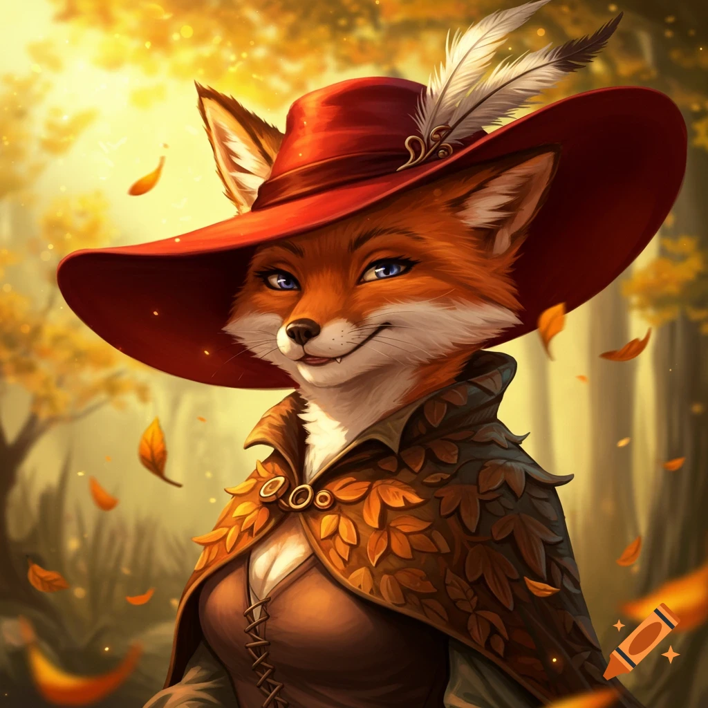 A cute anthropomorphic fox woman wearing a red hat with feathers and a leaf-patterned cape, smiling in an autumn forest.