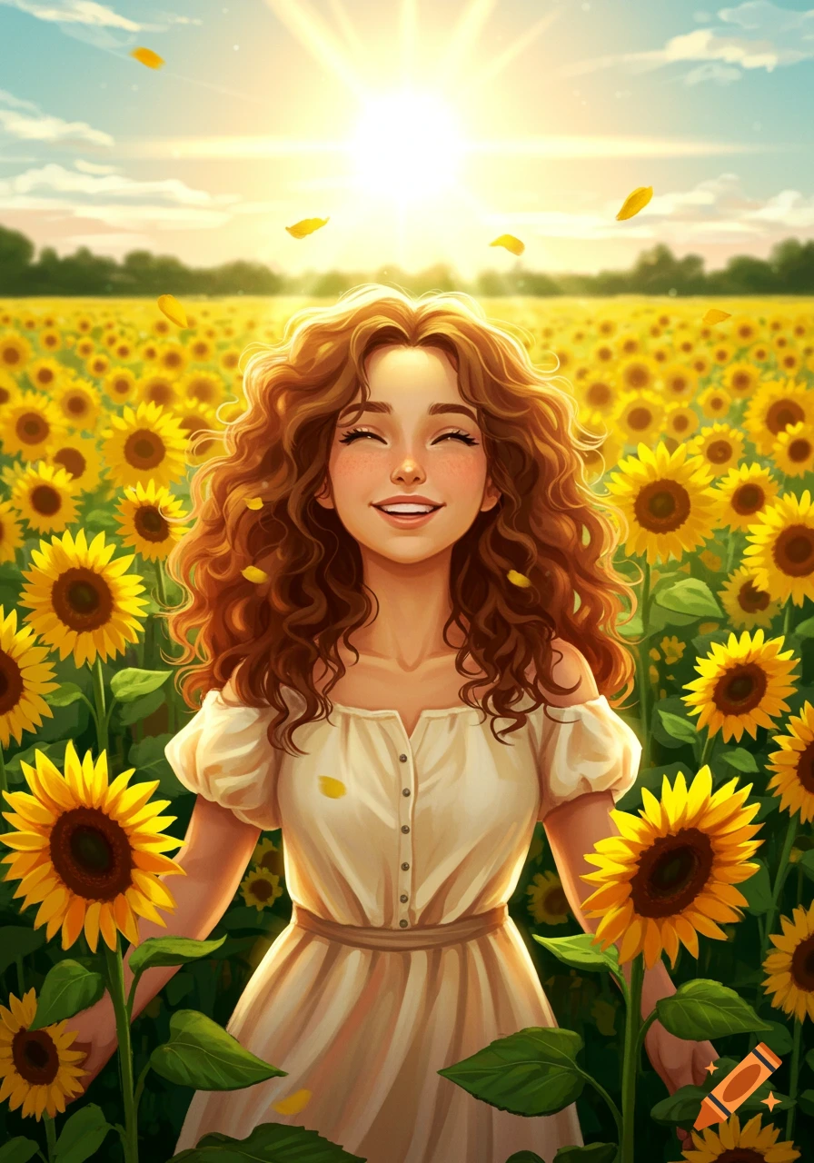 A cheerful, brown-haired girl smiles with closed eyes amidst a vibrant field of sunflowers, bathed in warm sunlight.