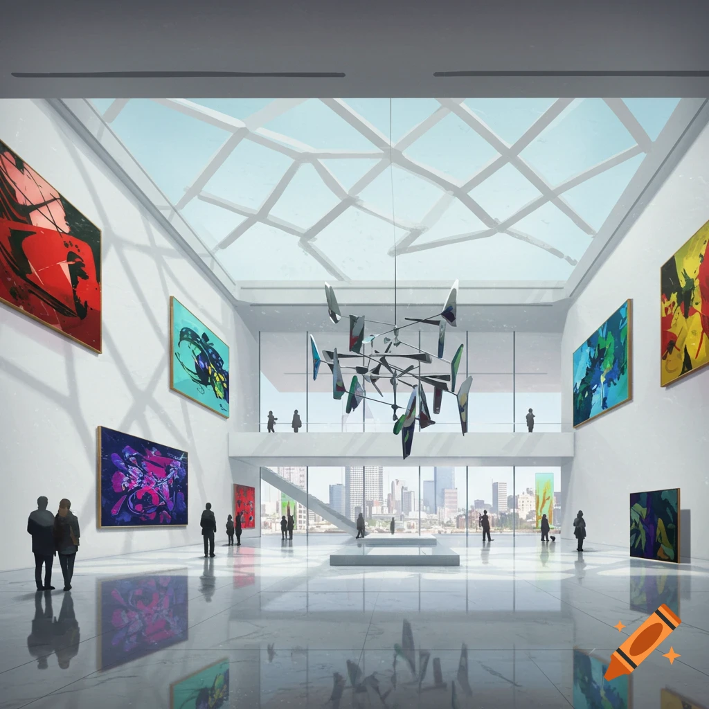 A spacious modern art museum interior with large abstract paintings, a mobile sculpture, and people walking on a reflective floor.