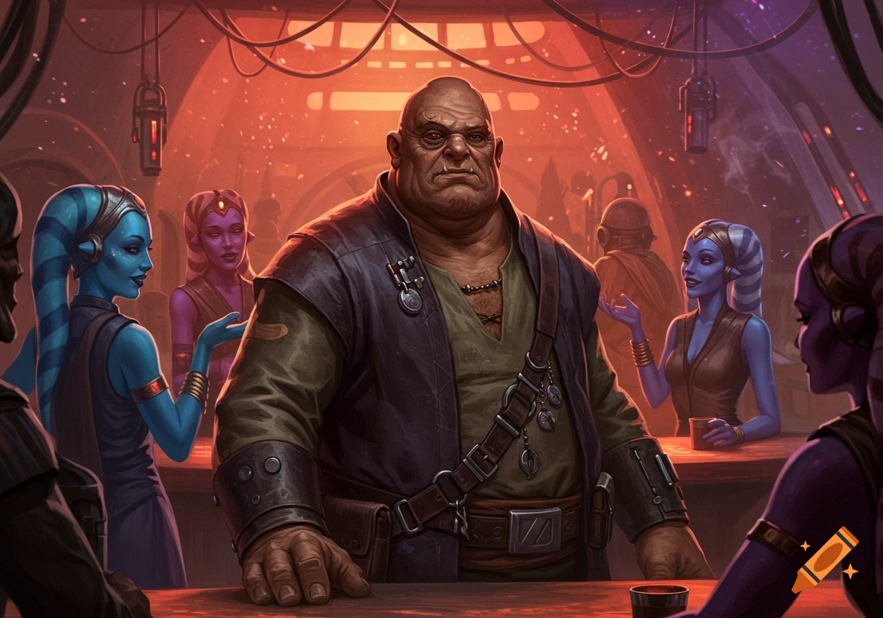 A stylized illustration of the bald, burly Star Wars character Quiggold standing in a dimly lit, red-hued cantina, surrounded by blue and purple-skinned Twi'lek characters.