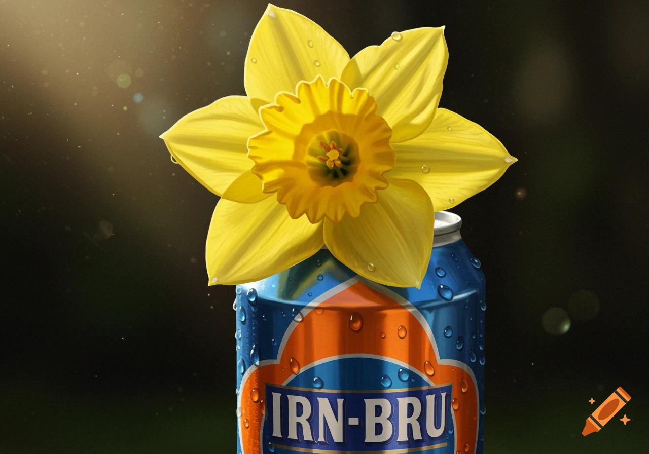 A vibrant yellow daffodil with water droplets rests on a blue and orange Irn-Bru soda can, also covered in water droplets.