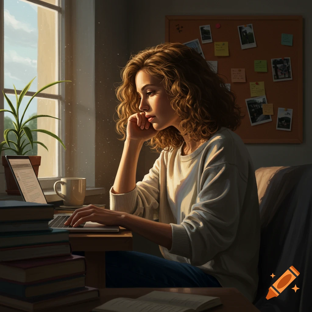 A young woman with curly hair works on a laptop at a desk by a sunlit window, with books stacked beside her.