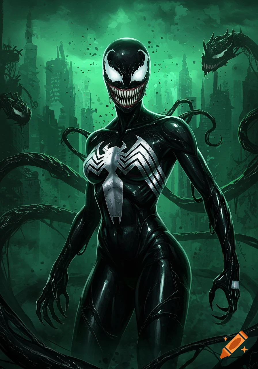 A menacing She-Venom in a black suit with a white spider symbol stands in a dark, ruined green city.