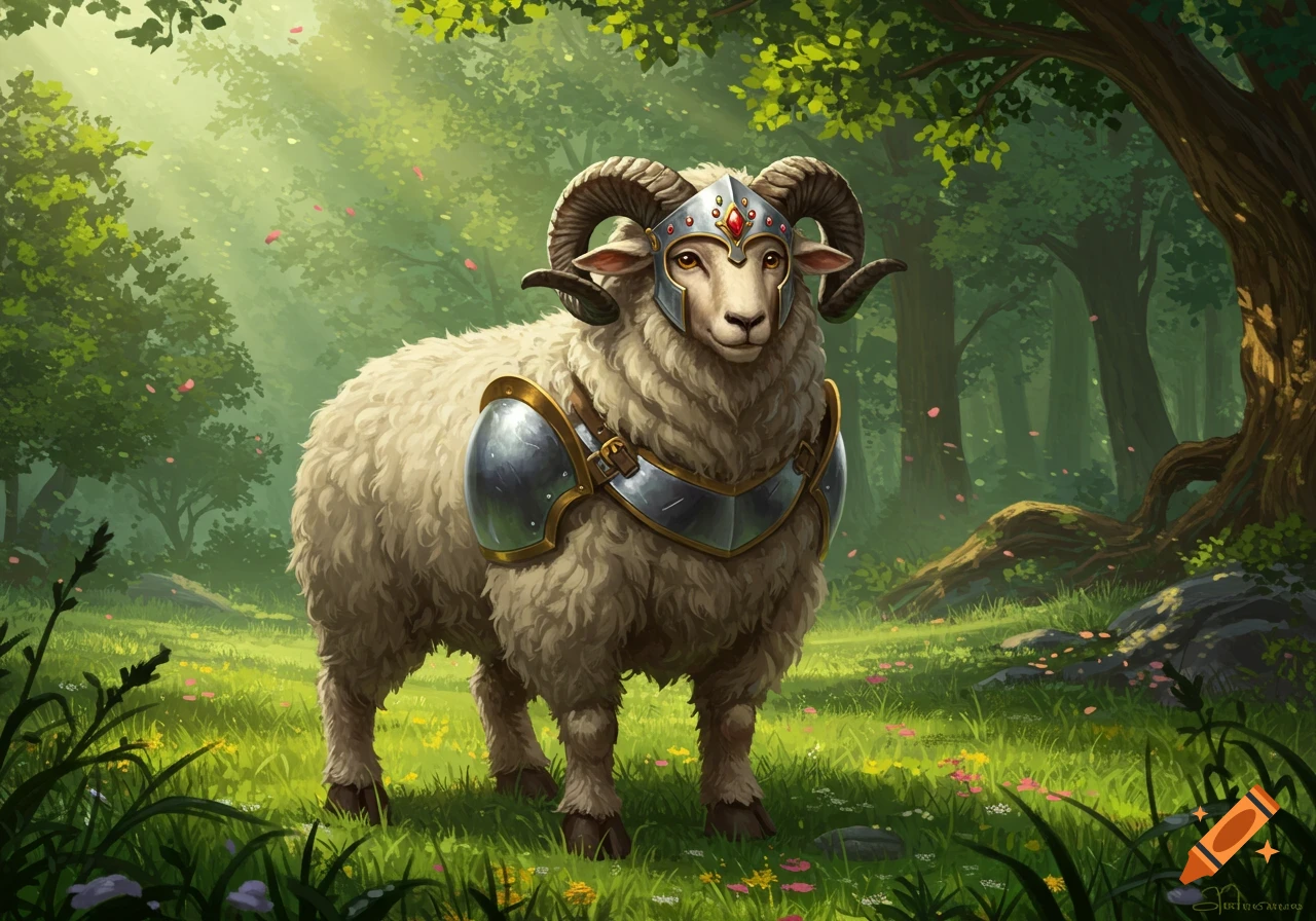 A sheep wearing a D&D style helmet and half-plate barding stands in a lush, sunlit forest clearing with flowers.