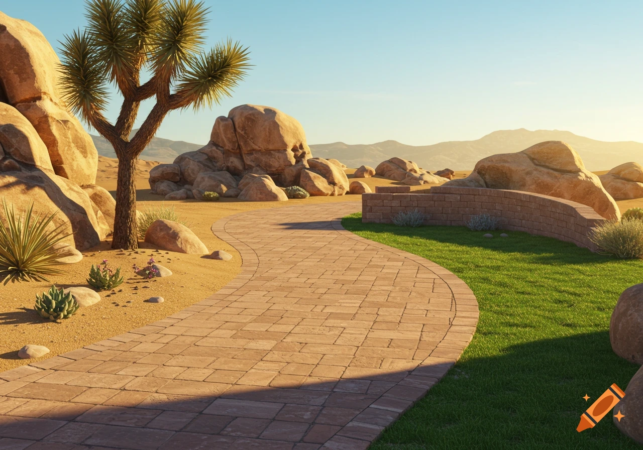 A curved paver walkway winds through a desert landscape with a Joshua tree, large boulders, green grass, and mountains under a clear sky.